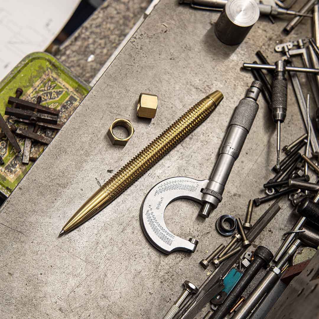 The Brass MetMo pen in the workshop