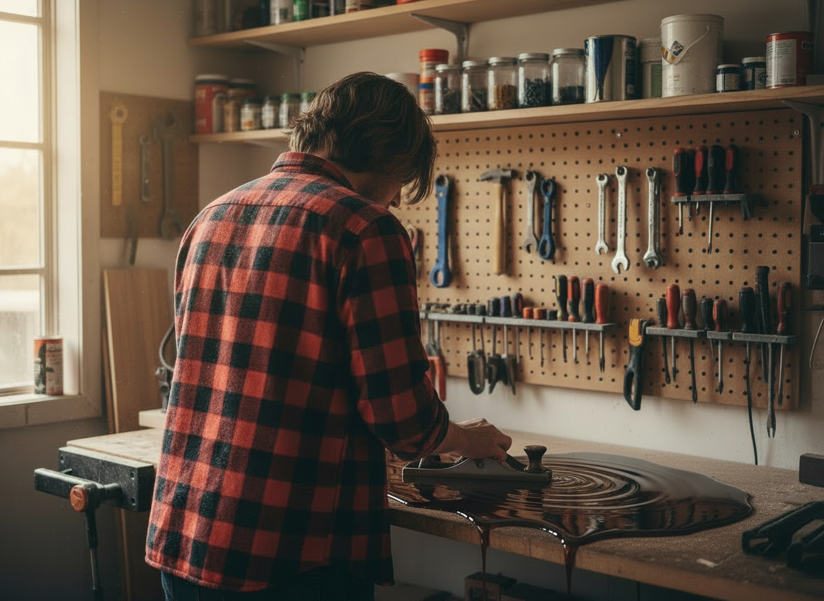 A man working at his tool bench