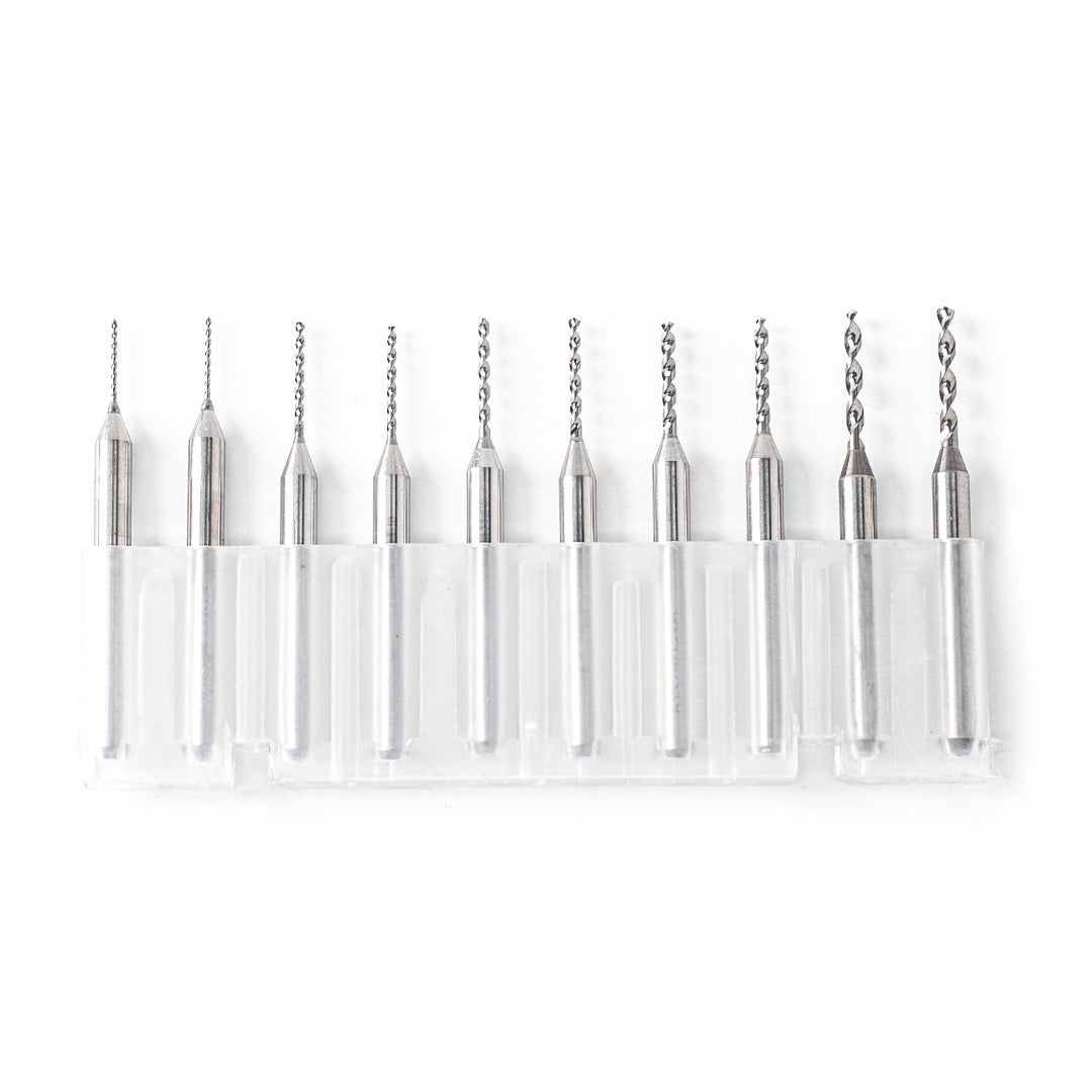 10 Tungsten Carbide Micro Drill Bits on white background