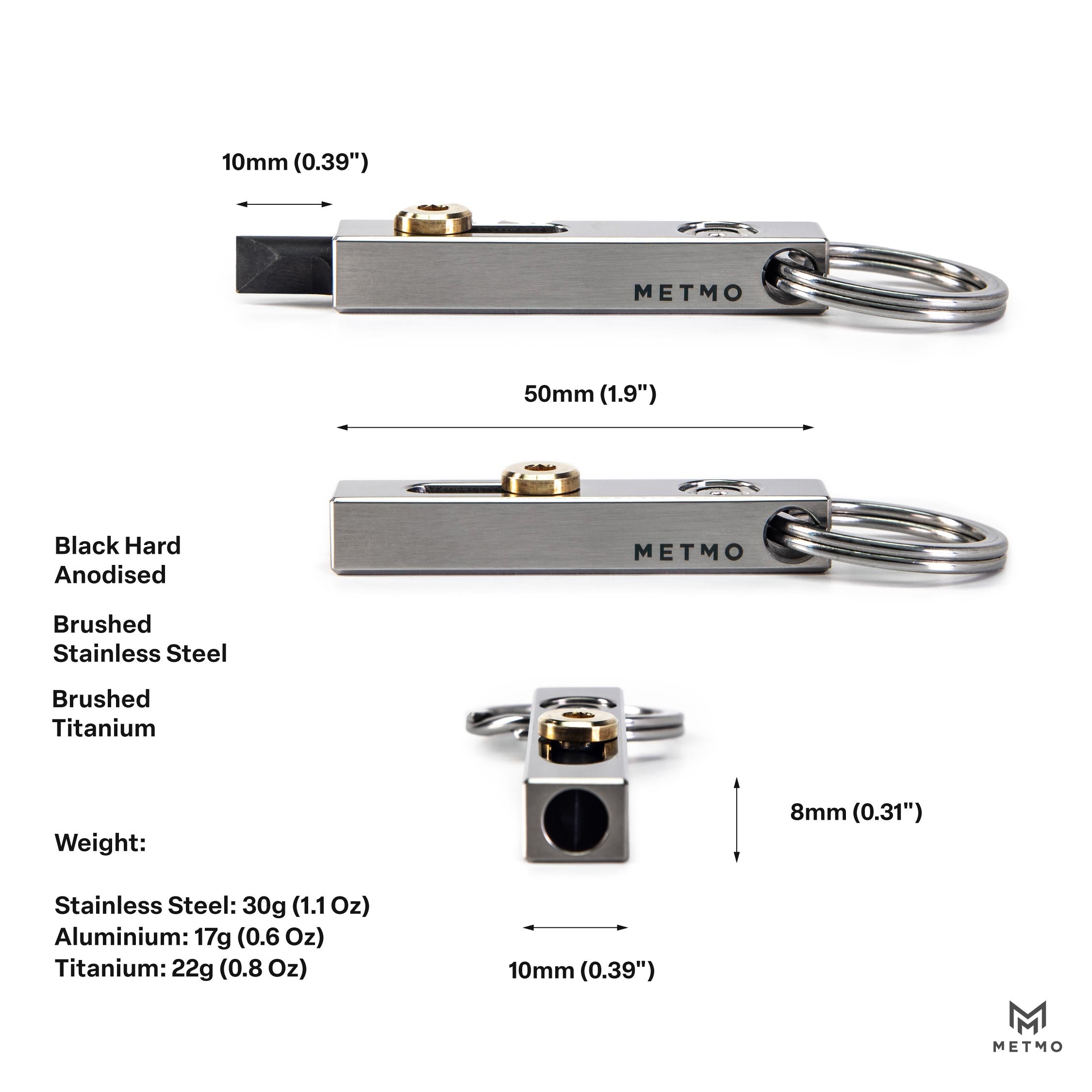 METMO edge with dimensions and material information on a white background
