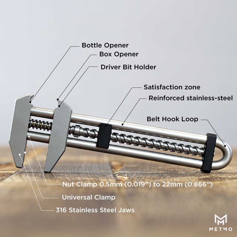MetMo Grip infographic on a workbench showing features