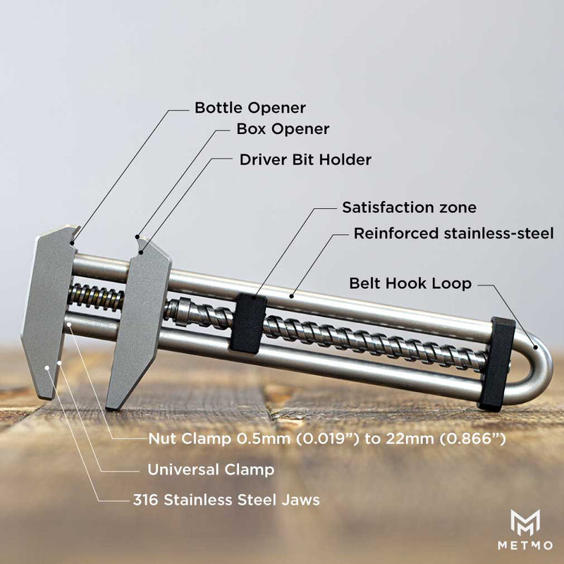 MetMo Grip infographic on a workbench showing features