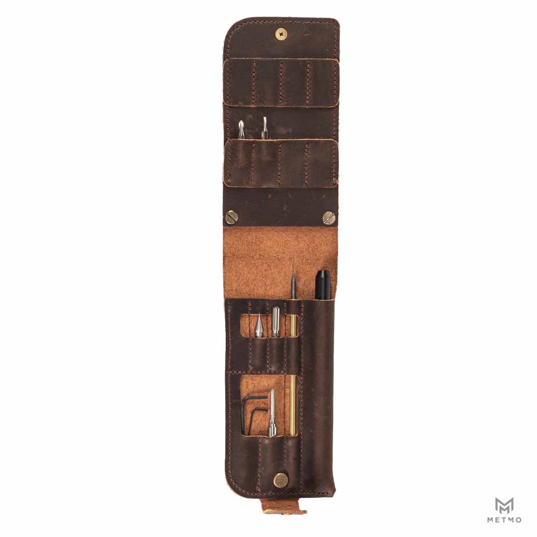 MetMo Multi Drive Leather Case open with tools inside.