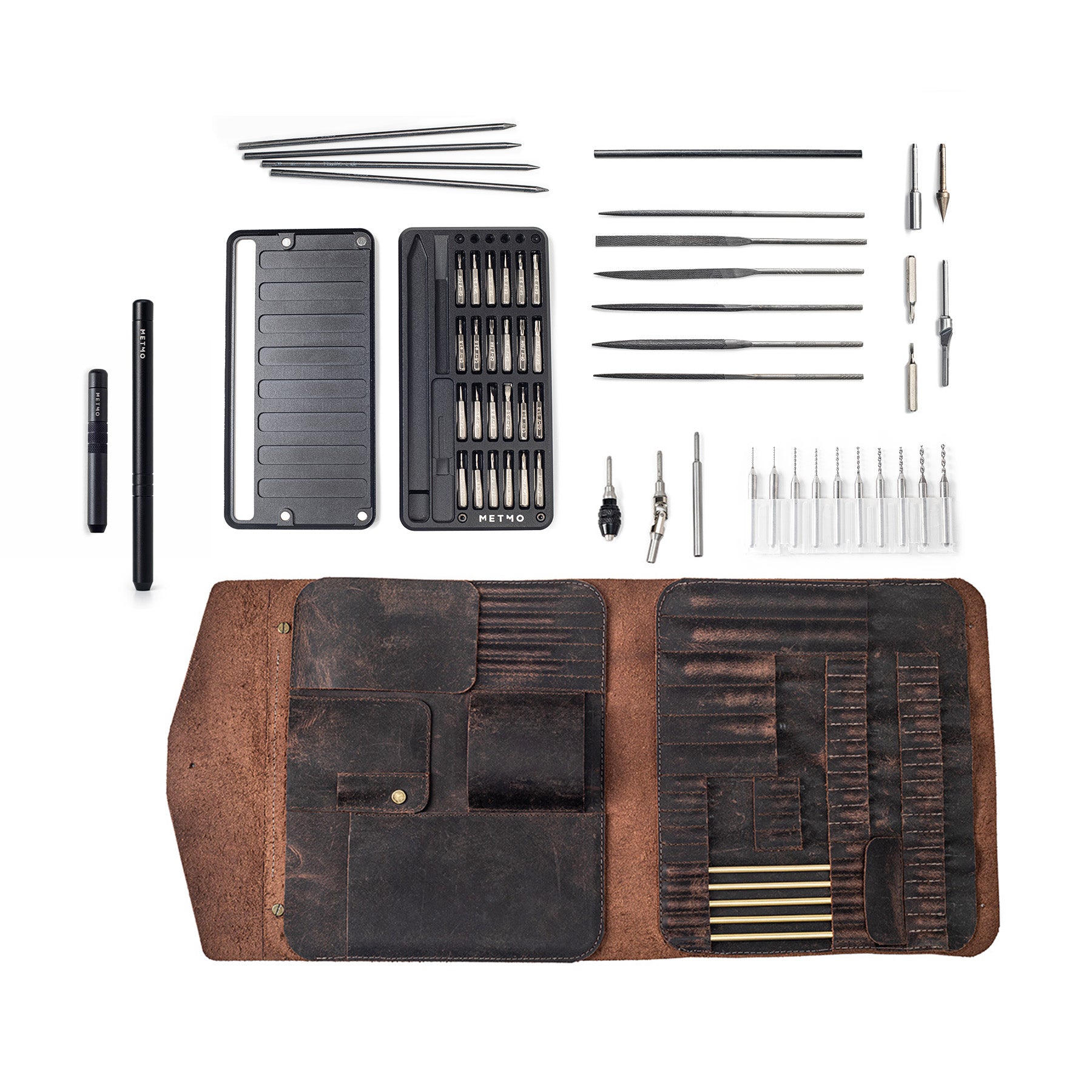 Multi Drive black with precision tools and a leather expansion kit on a white background