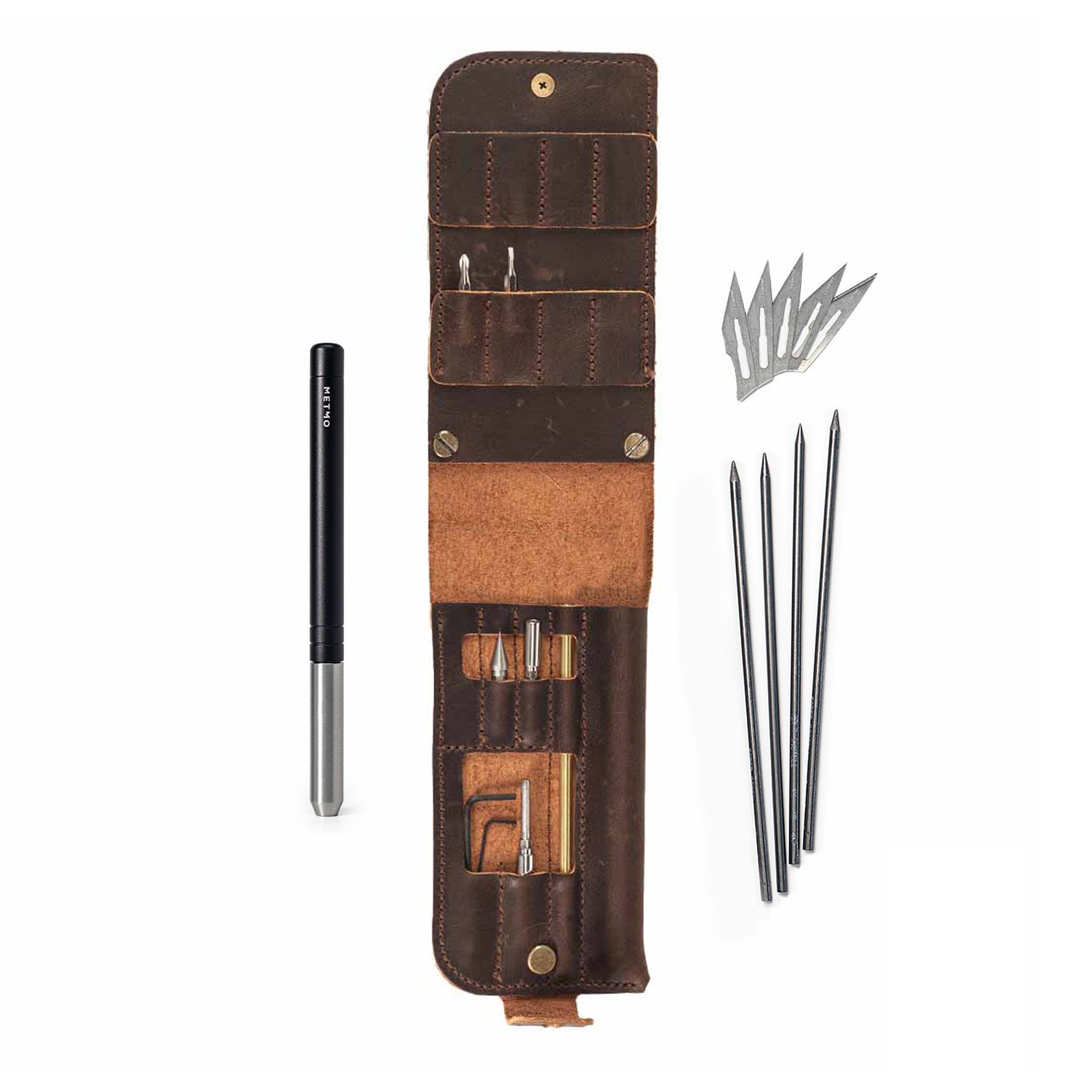 Brown leather pouch with black steel multi driver tool and accessories on a white background