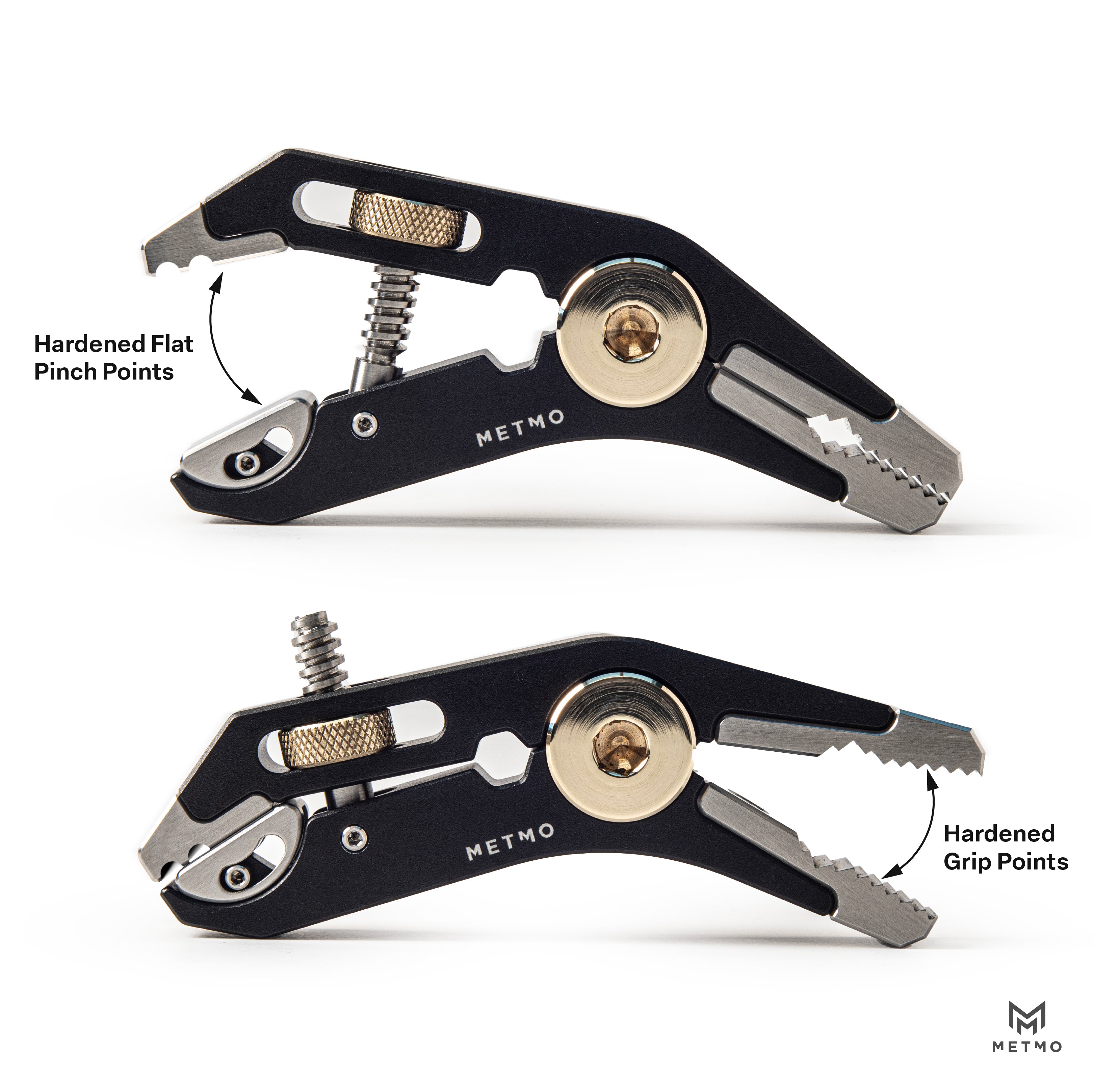Multi-tool with labelled hardened flat pinch points and hardened grip points on a white background
