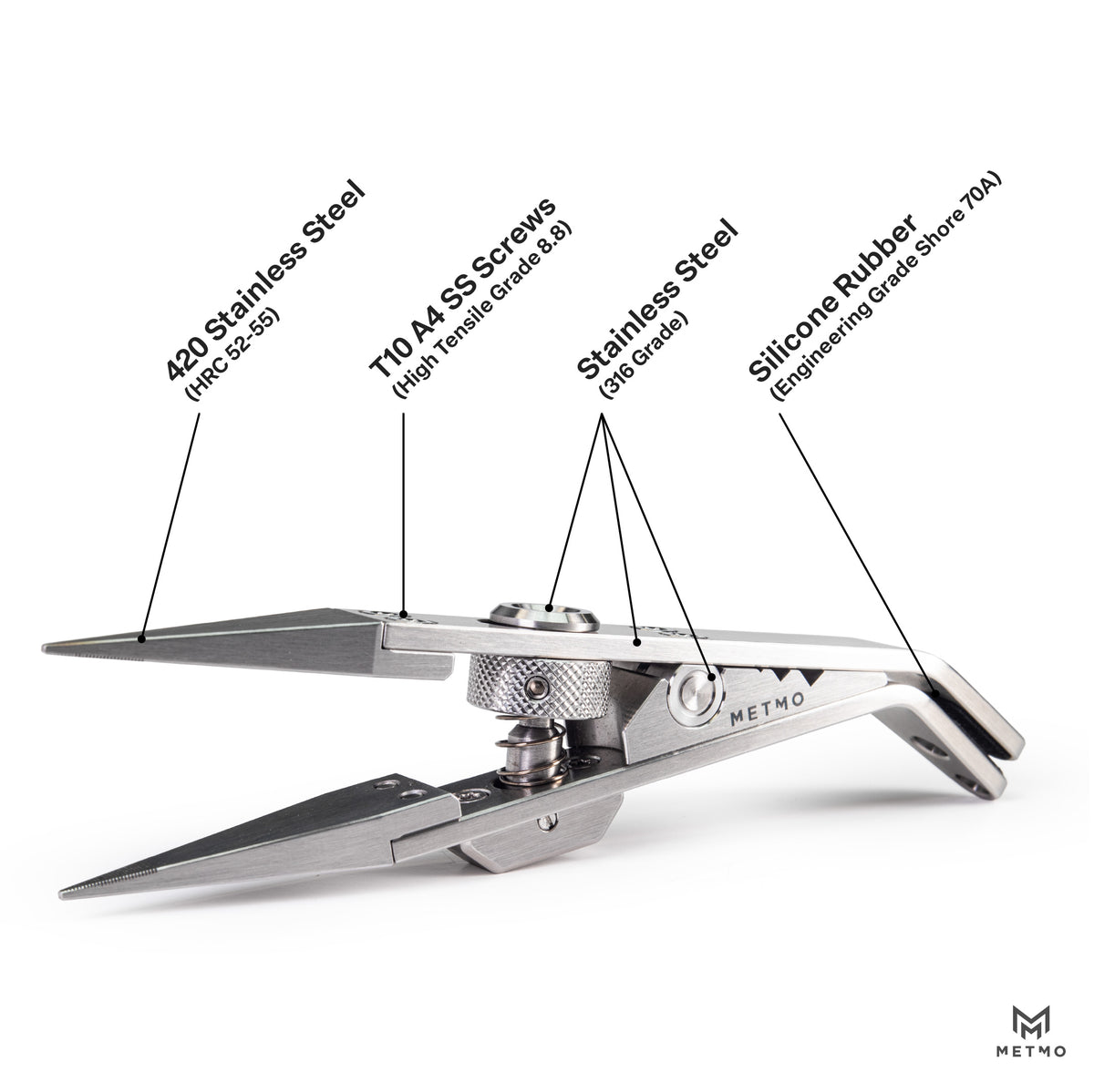 A stainless steel and silicone tool with callout lines and text labels identifying its materials: #20 Stainless Steel, T10 A4 SS Screws, Stainless Steel, and Silicone Rubber. The product is shown on a clean white background with a small METO logo in the bottom right corner.