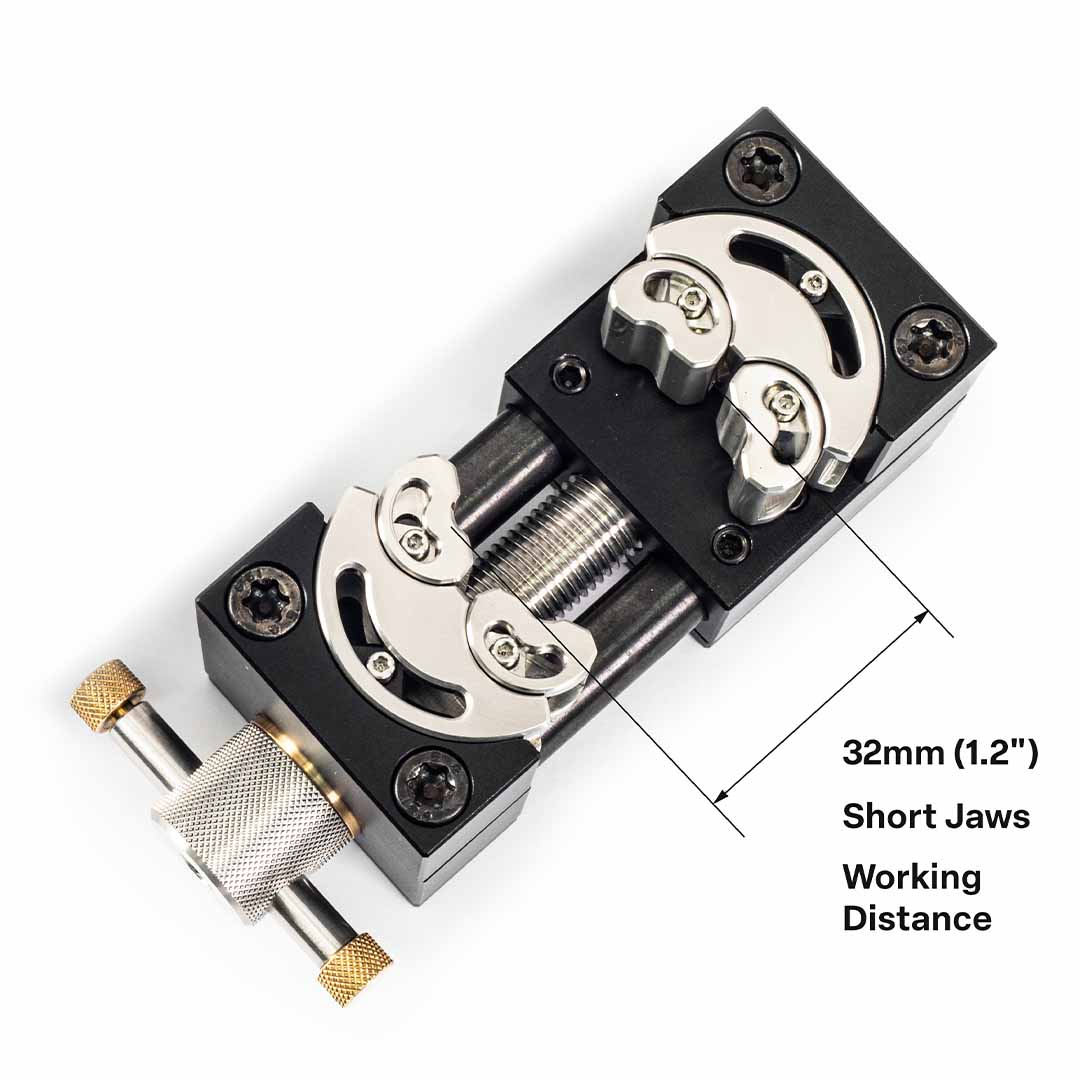MetMo Black Fractal Vise 32 infographic showing dimensions of short jaws