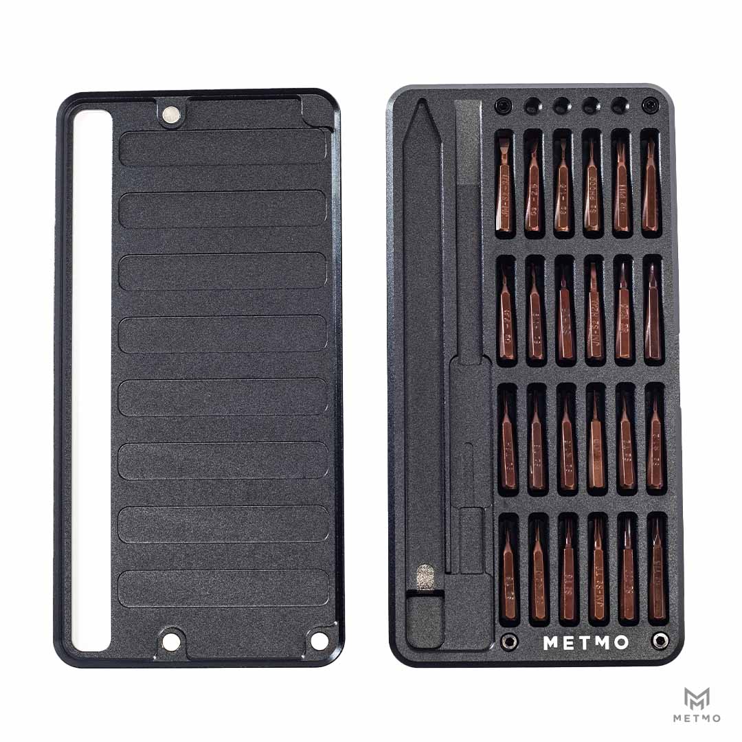 MetMo Multi Drive Metal Case open with lid next to it including the hex bits