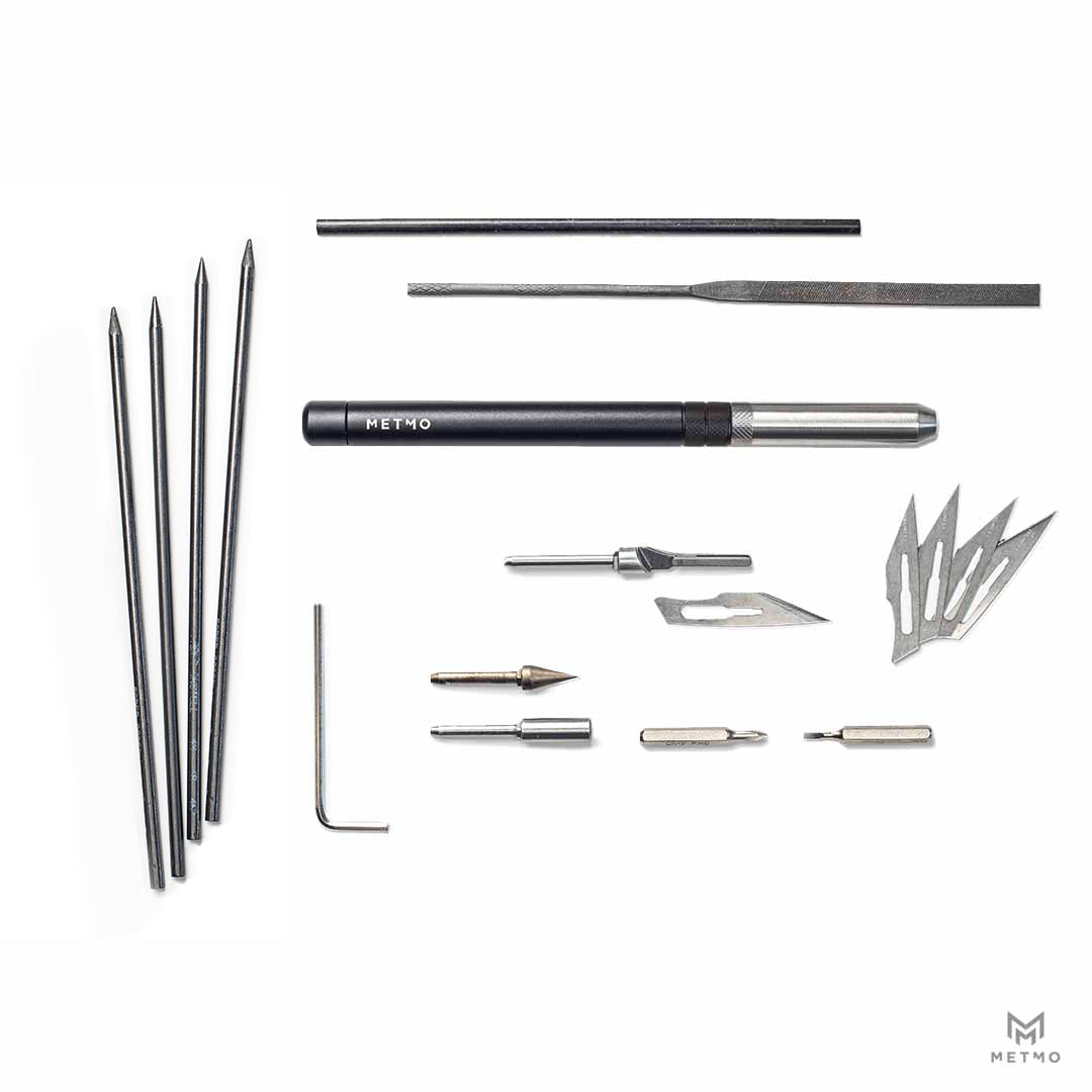 MetMo Multi Drive Black Steel with included accessories: scribe, flat file, and micro bits