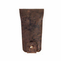 Brown leather pouch with a gold button on a white background