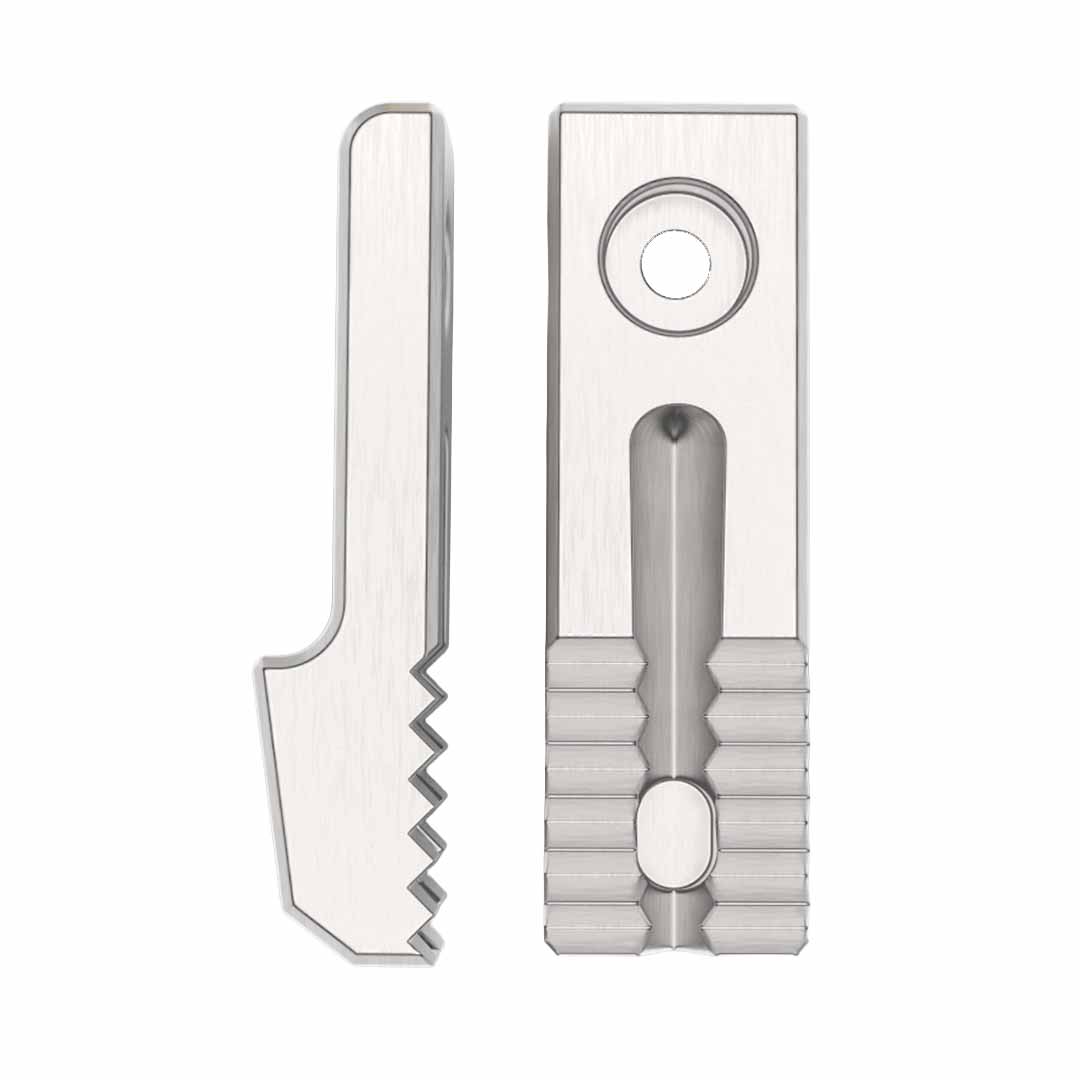 Close up of serrated jaw for pocket grip on white background