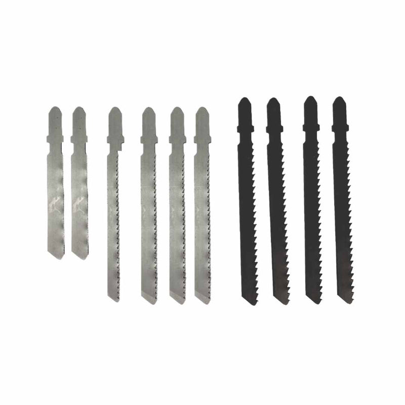 Set of metal jigsaw blades on a white background