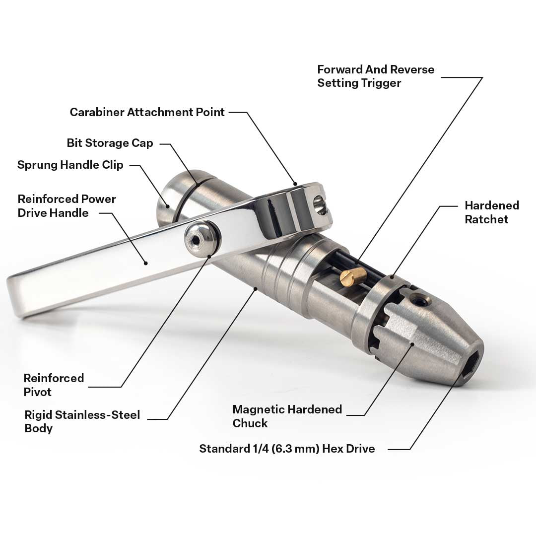 Stainless Steel handheld ratchet screwdriver, showing component materials and mechanism