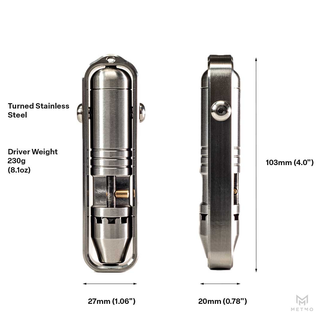 infographic showing weight and dimensions of stainless steel pocket driver