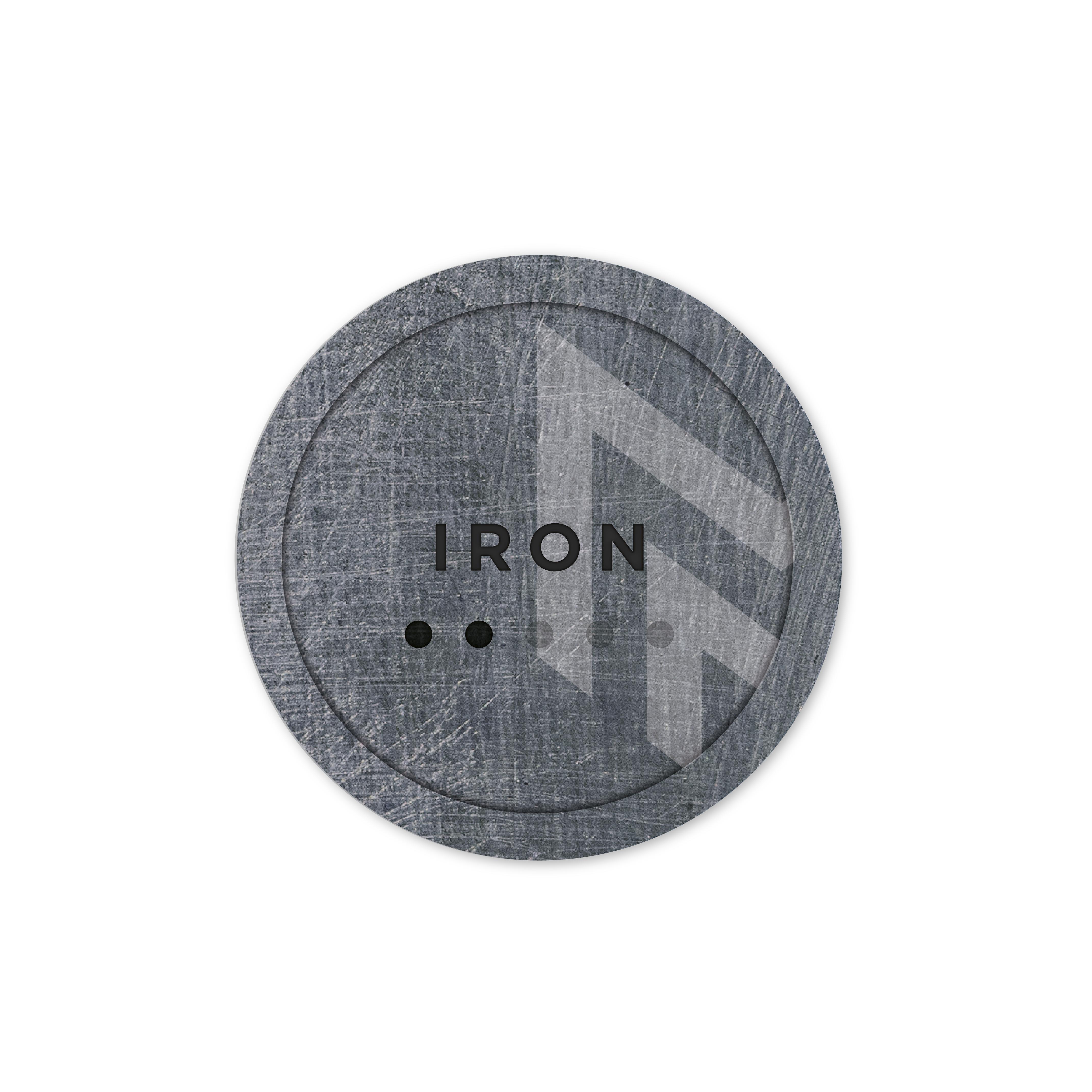 Round dark gray badge with 'Iron' text and MetMo symbol