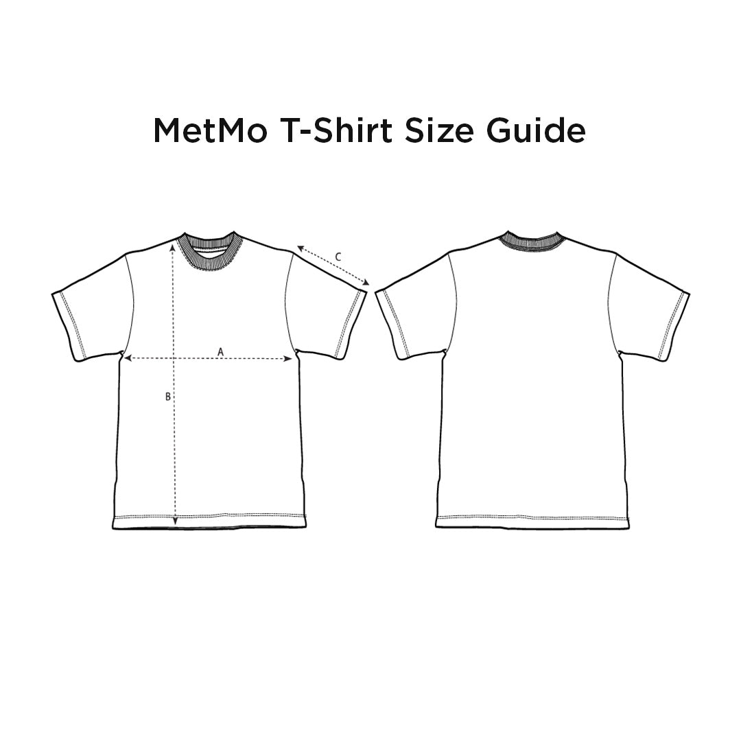 MetMo T-Shirt Size Guide with front and back views of a t-shirt