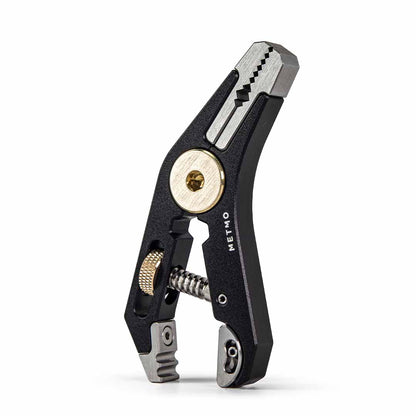 Black Pocket Grip multitool with various uses on a white background