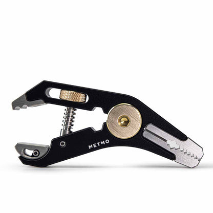 Black Pocket Grip multitool with various uses on a white background