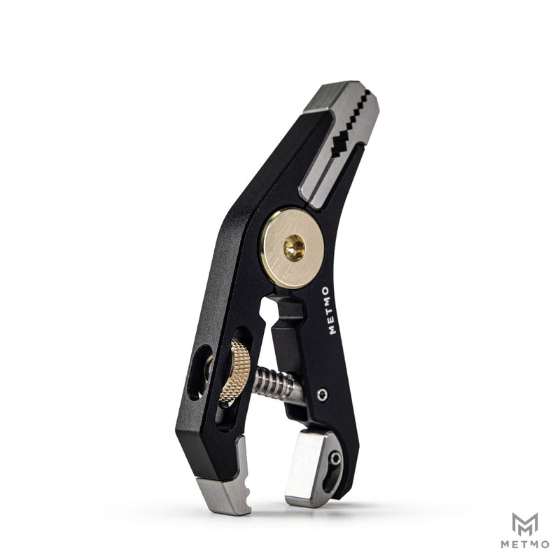 Black aluminium pocket grip multi tool on white background