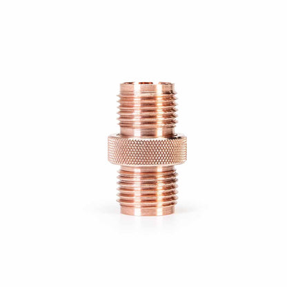 Metmo Eddy science desk toy connector A copper-colored metal threaded connector with a knurled textured band in the middle, shown on a clean white background.