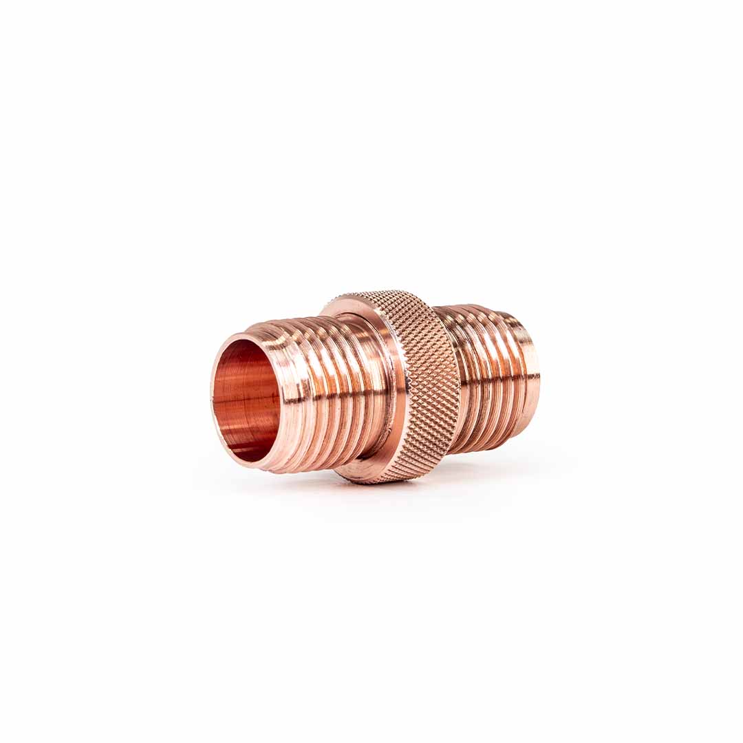 Metmo Eddy science desk toy connector A copper-colored metal threaded connector fitting with a knurled center band, shown on a plain white background.