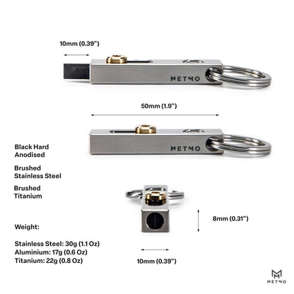 METMO Edge keychain with dimensions and material information on a white background