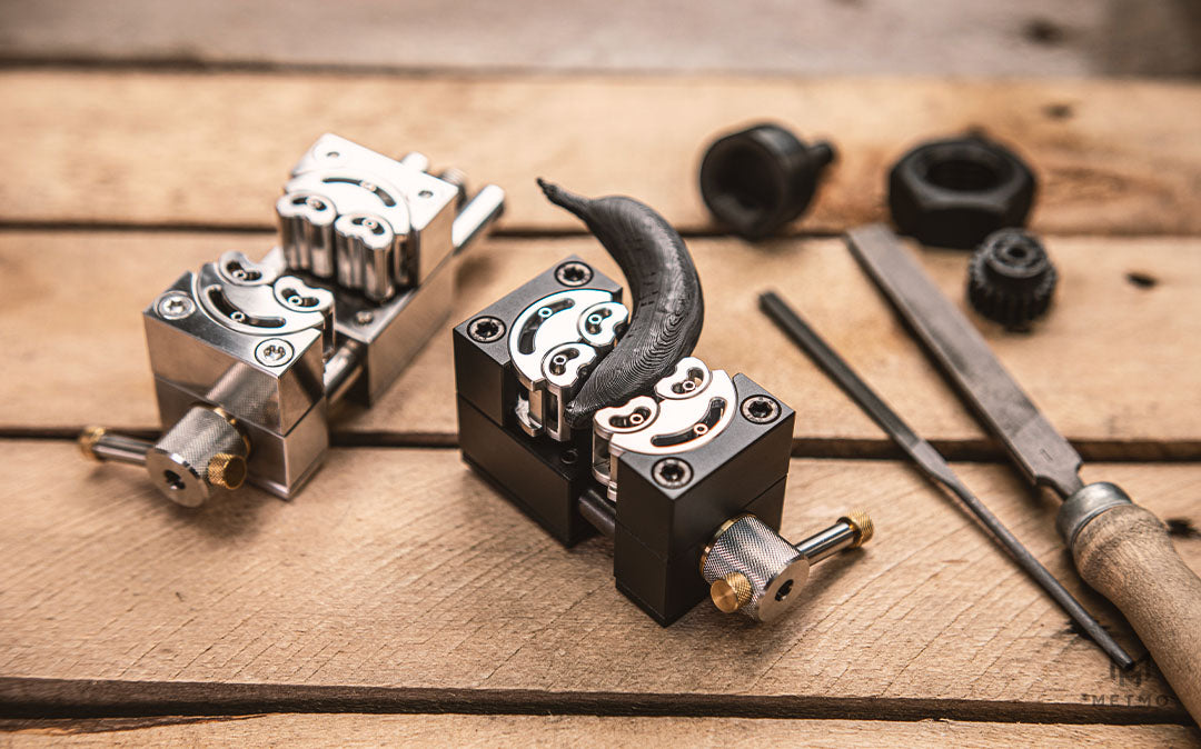 Hero image of the stainless steel and black Fractal Vise