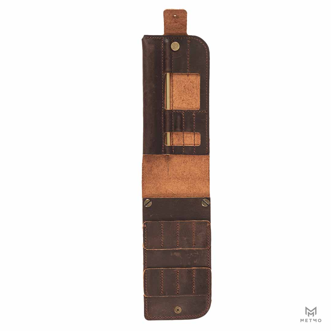 MetMo Multi Drive Leather Case open with tools inside.