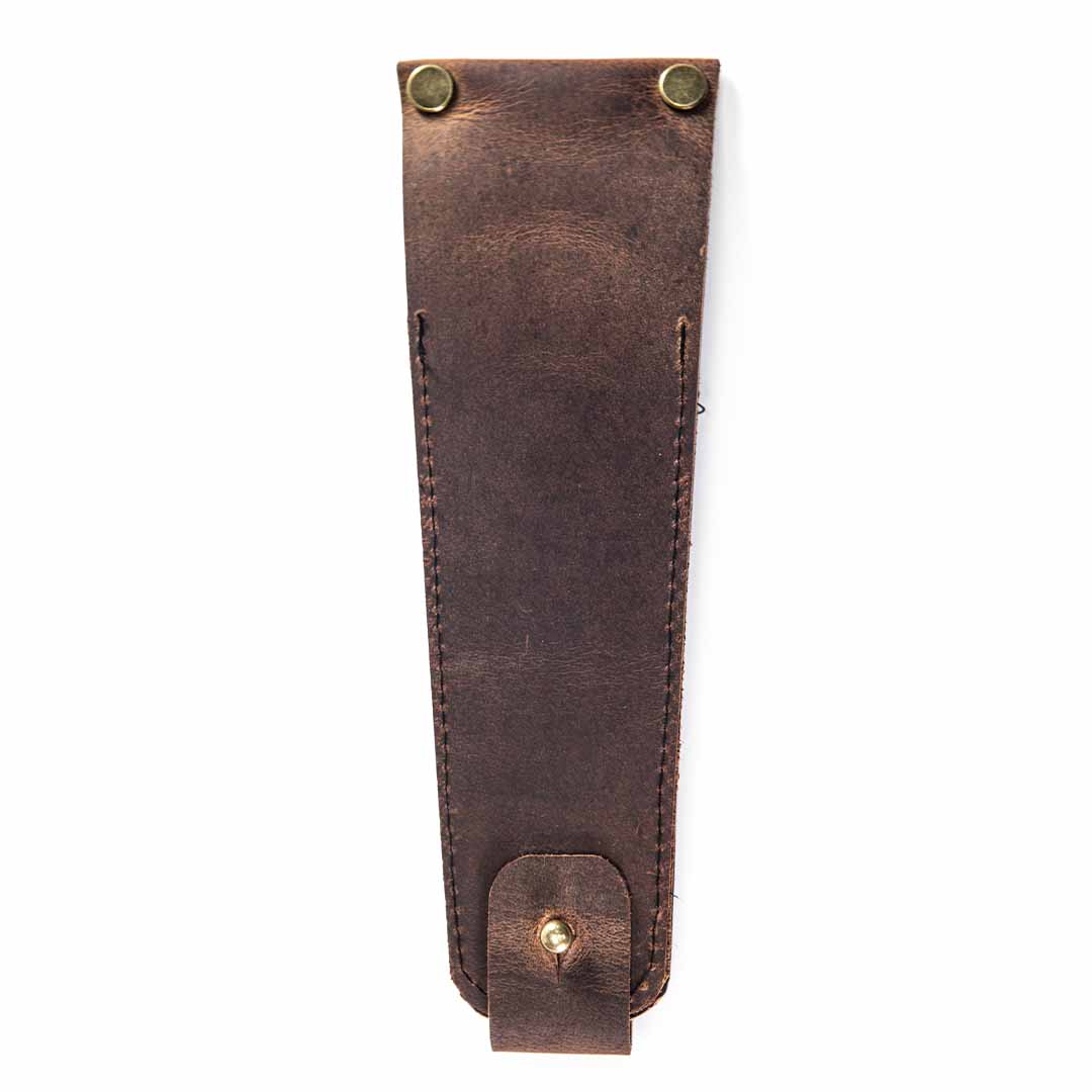 A dark brown leather pouch with brass rivets and a snap closure, shown flat against a white background.