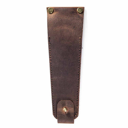 A dark brown leather pouch with brass rivets and a snap closure, shown flat against a white background.