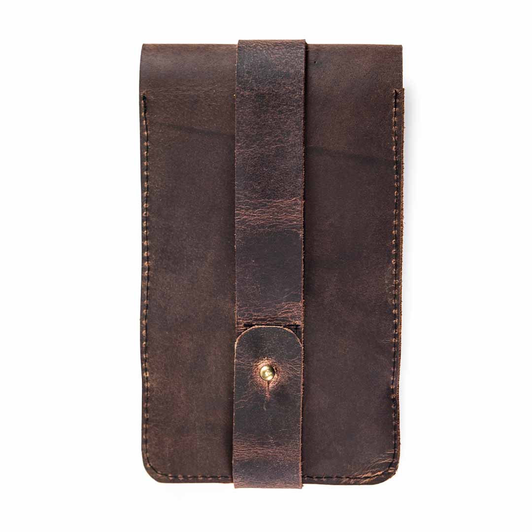 A dark brown leather pouch with a central strap and brass push closure, shown flat against a white background.