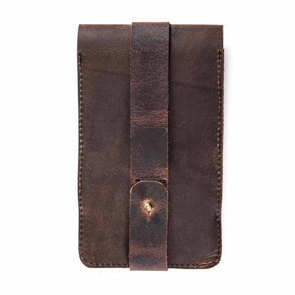 A dark brown leather pouch with a central strap and brass push closure, shown flat against a white background.