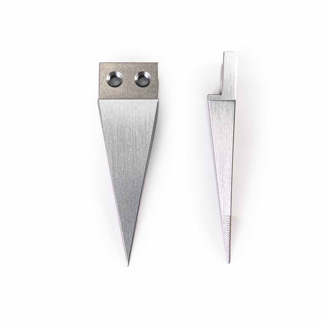 Two silver metal wedge-shaped tool tips with different edge grooves and attachment holes, displayed side-by-side on a plain white background.