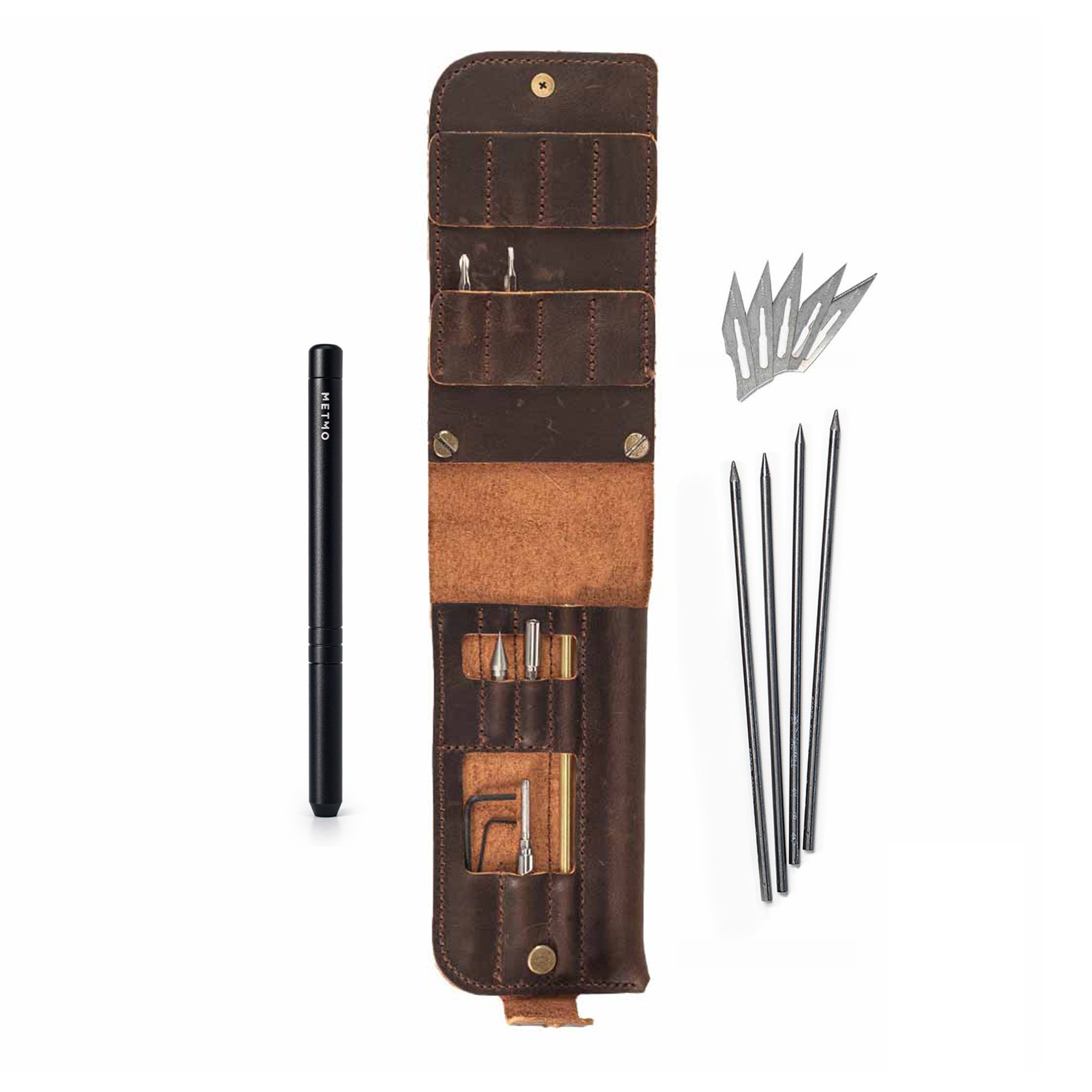 Brown leather pouch with black multi driver tool and accessories on a white background