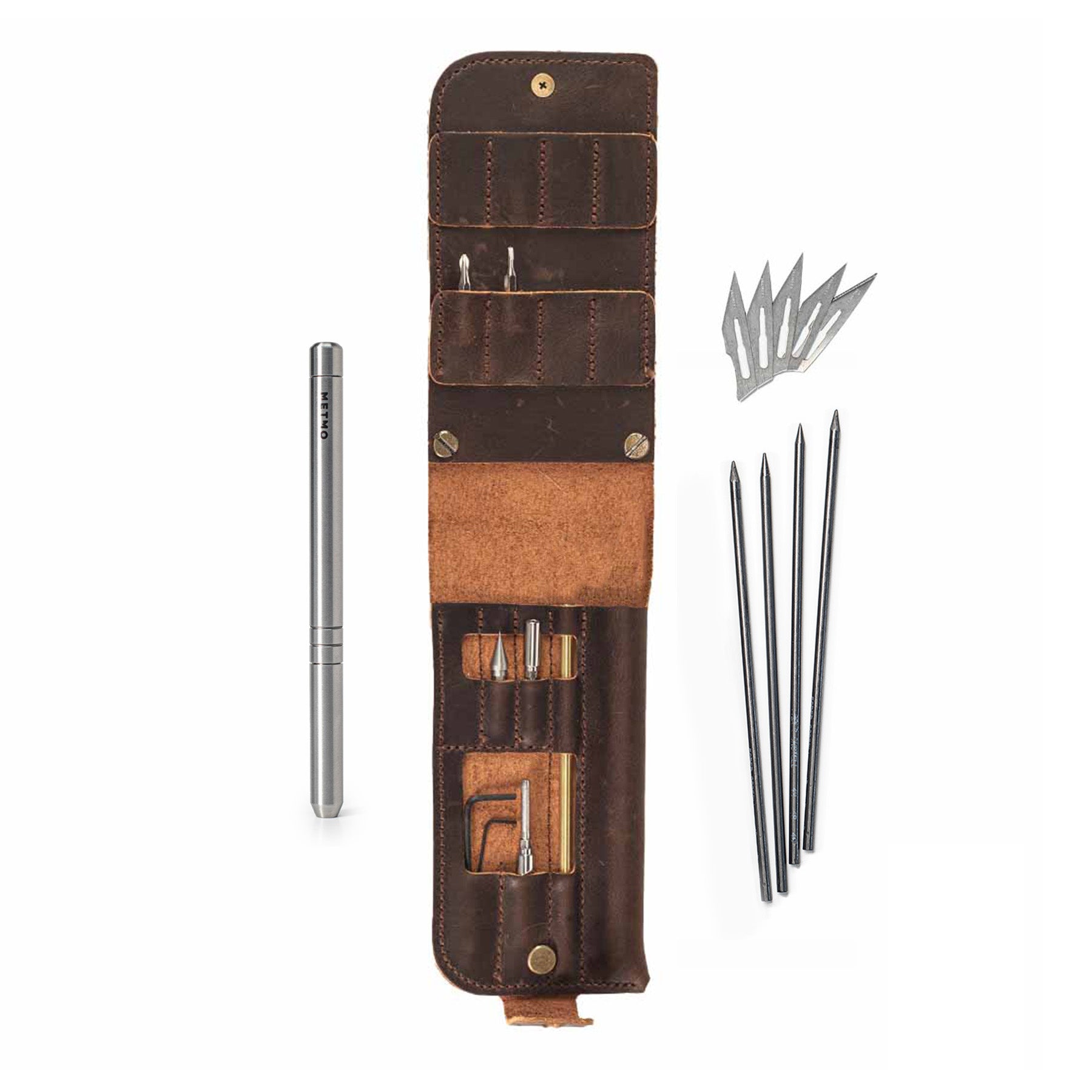 Brown leather pouch with stainless steel multi driver tool and accessories on a white background