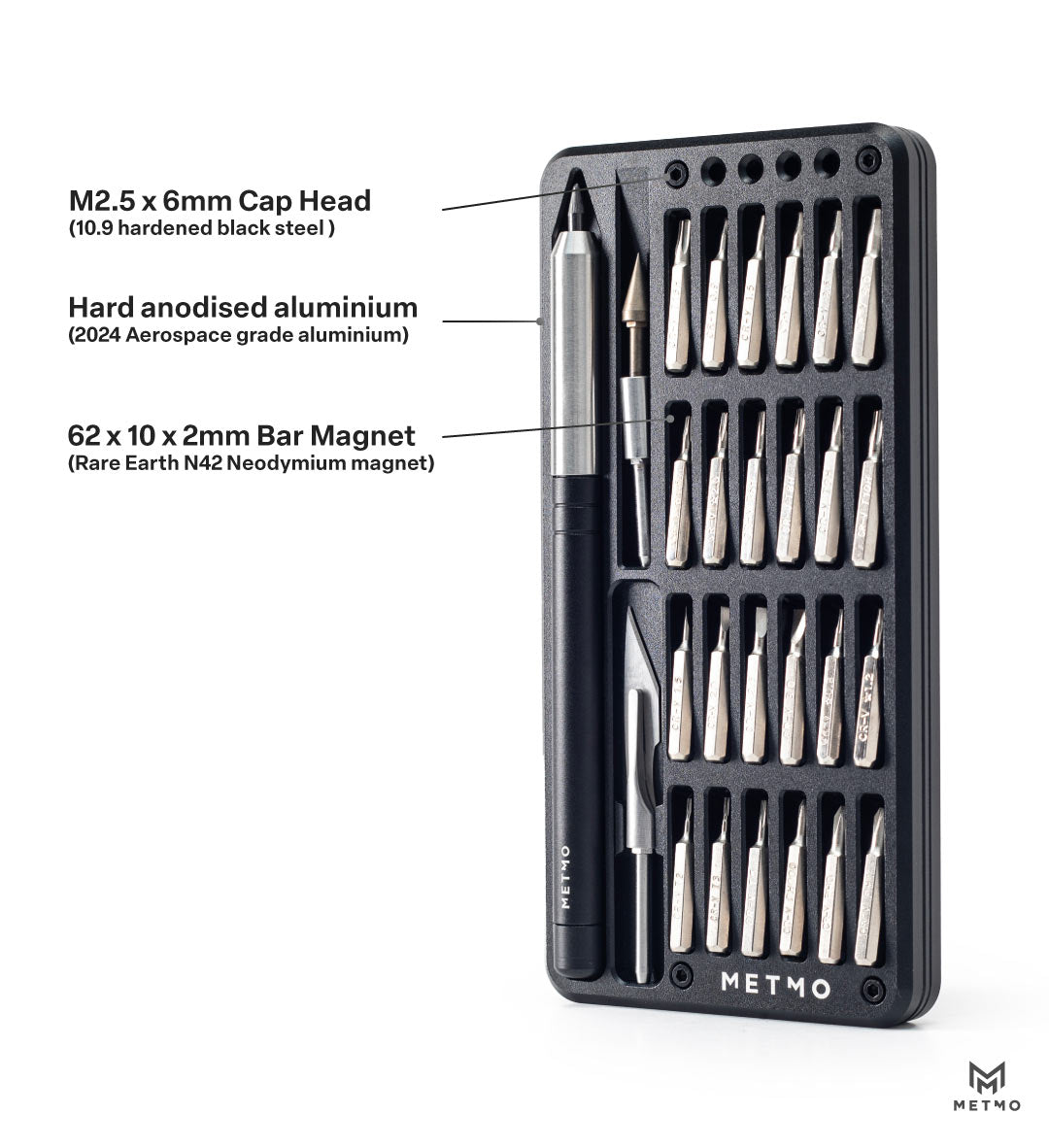 MetMo Multi Drive Metal Case, Showing the metals and micro bits