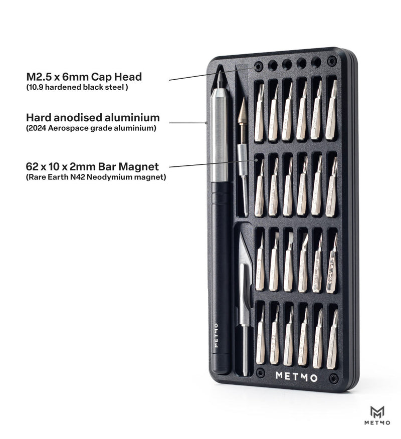 MetMo Multi Drive Metal Case, Showing the metals and micro bits