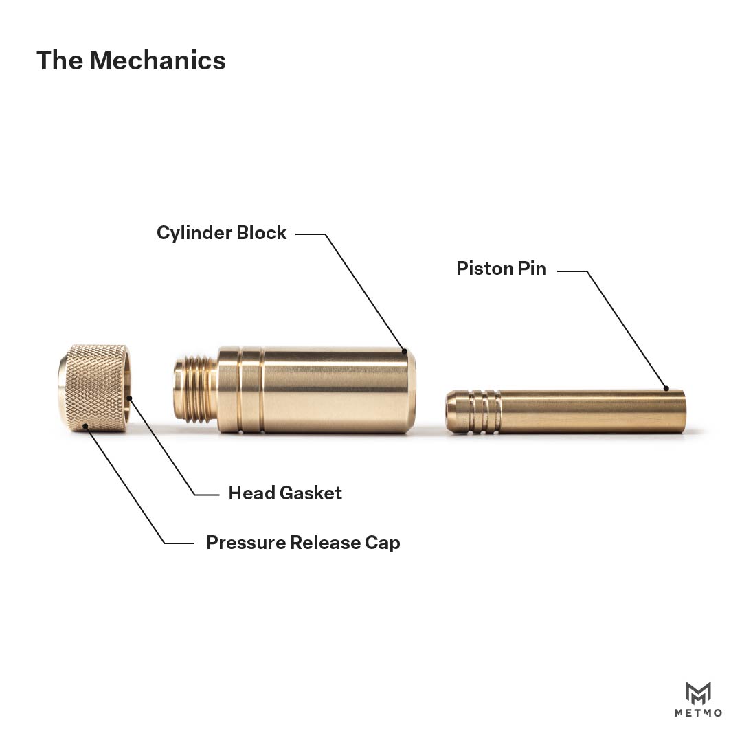 MetMo Piston disassembled in order to show mechanics of the product.