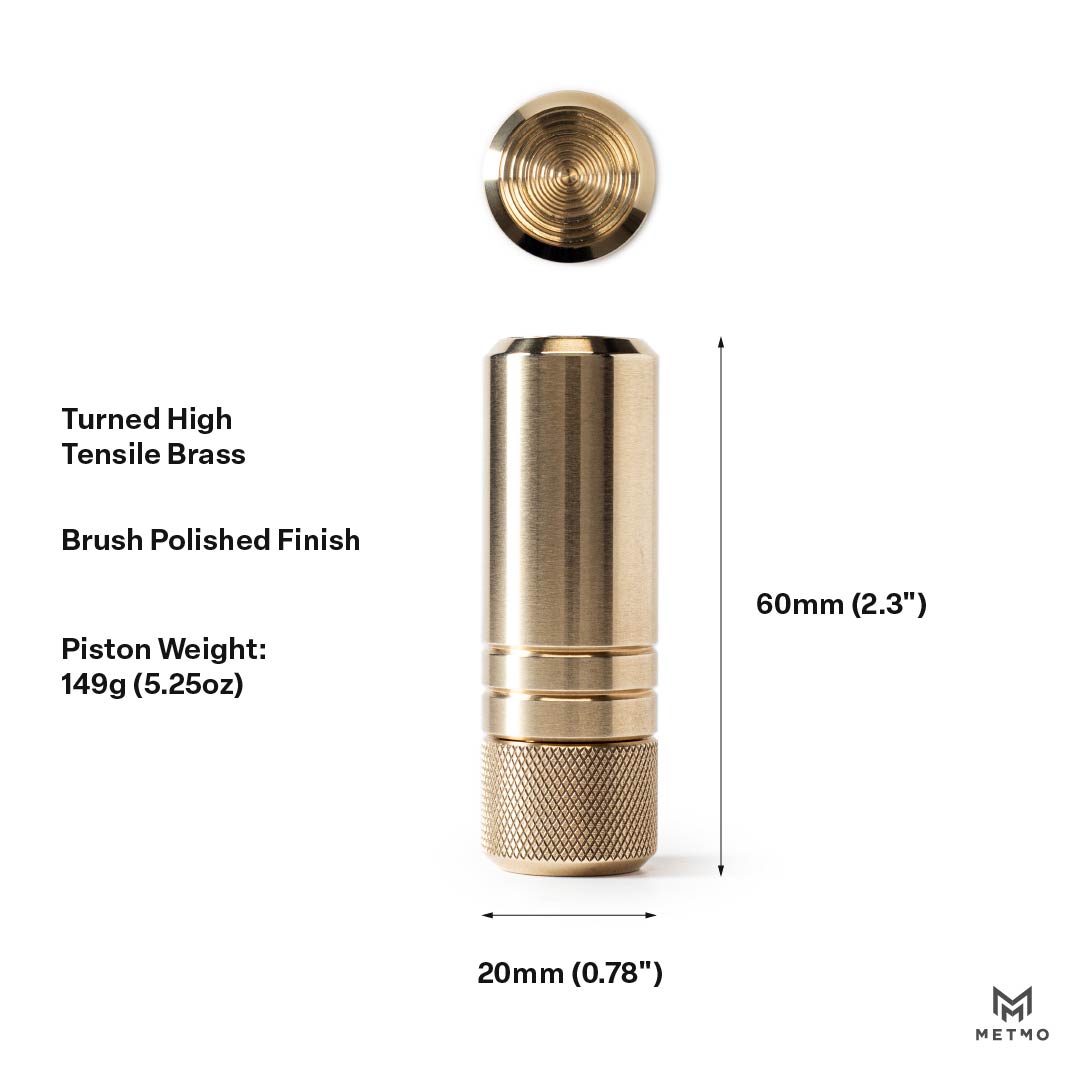 MetMo Piston brass - vertical view infographic showing product specifications