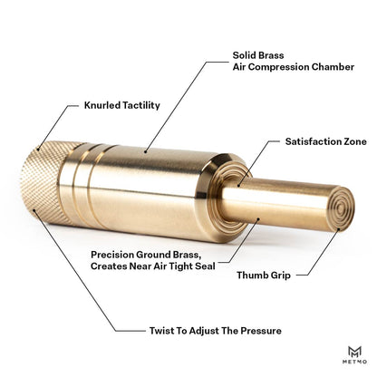 MetMo Piston fidget toy made from brass - horizontal view infographic showing labelled components and instructions