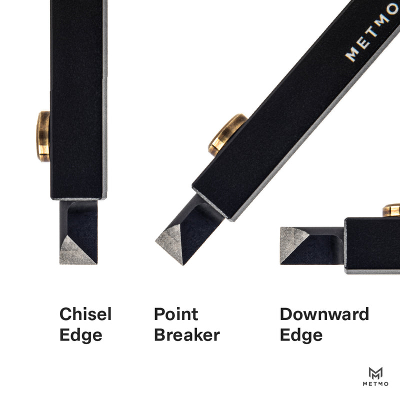 Three different types of knife edges featured on the MetMo Edge labeled 'Chisel Edge', 'Point Breaker', and 'Downward Edge'