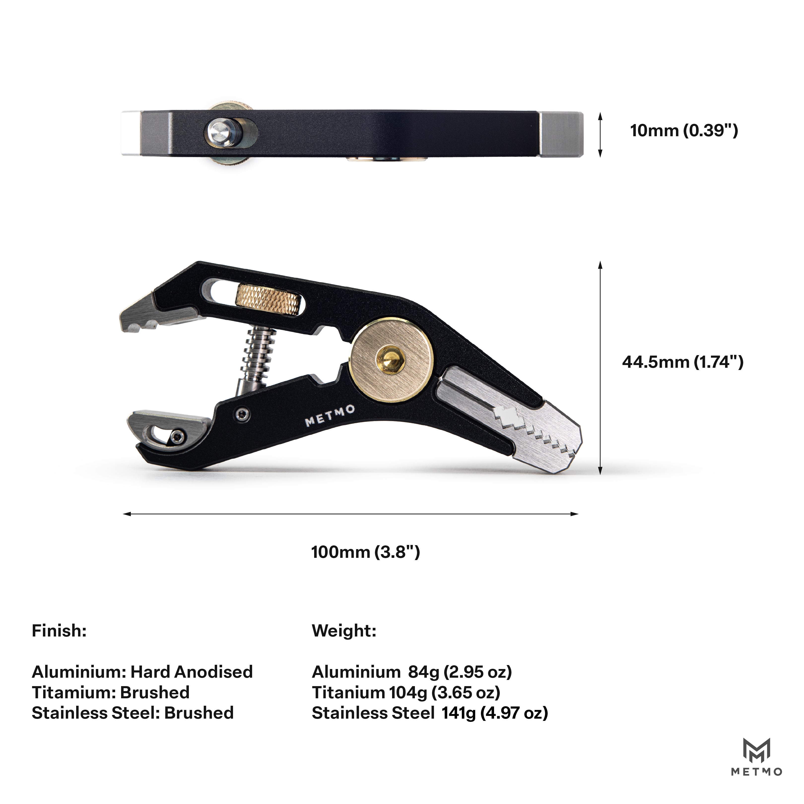 Black multi-tool with measurements and material details on a white background
