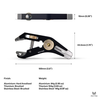 Black multi-tool with measurements and material details on a white background