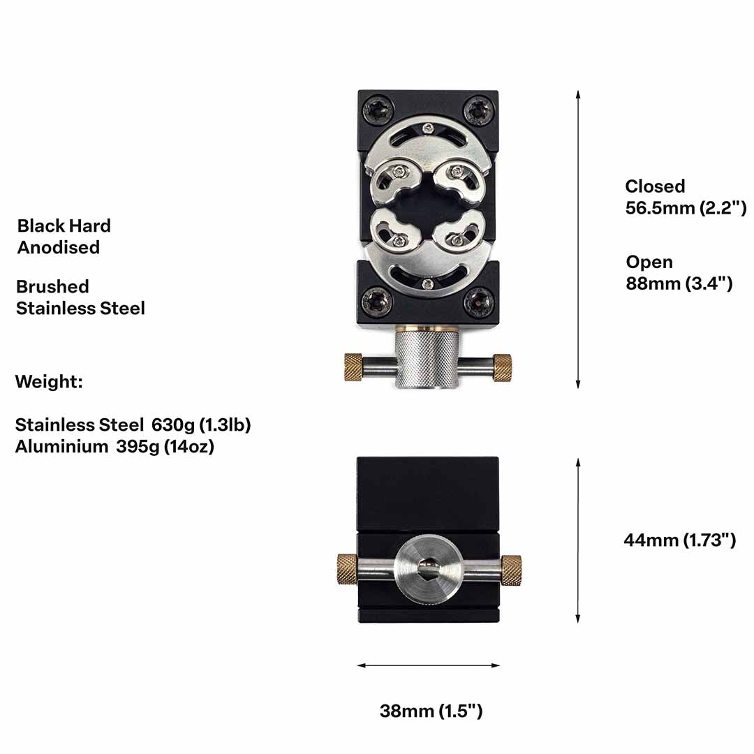 fractal vise infographic showing materials weight and dimensions