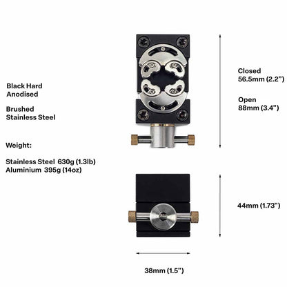 fractal vise infographic showing materials weight and dimensions