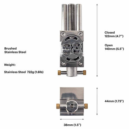 stainless steel fractal vise infographic showing weight and dimension specifications