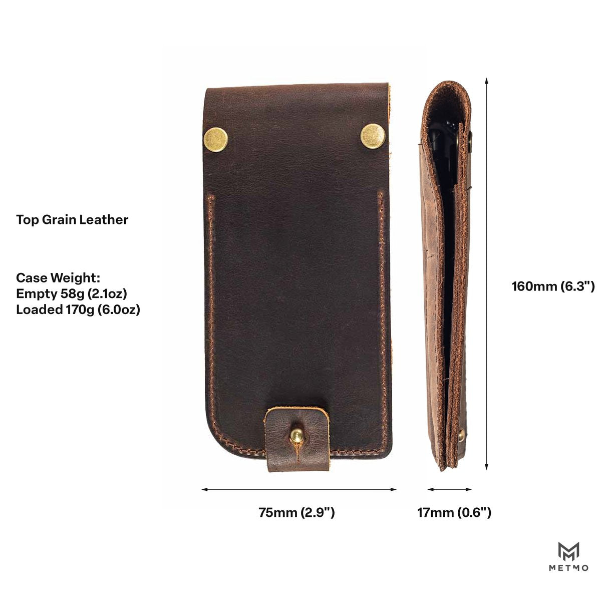 Brown leather case with brass hardware, showing dimensions and weight details on a white background.