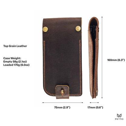 Brown leather case with brass hardware, showing dimensions and weight details on a white background.