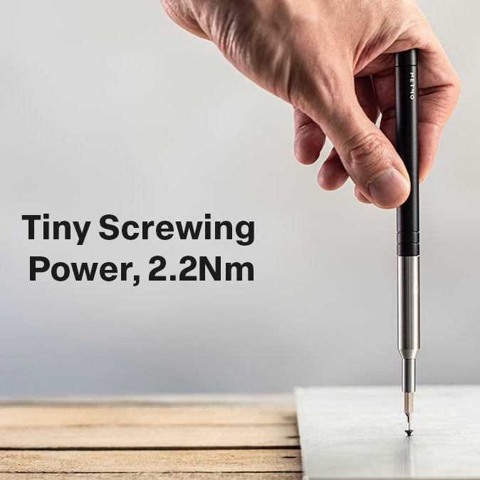 Person using MetMo MultiDrive with a micro screwdriver bit alongside text "Tiny Screwing Power, 2.2Nm".